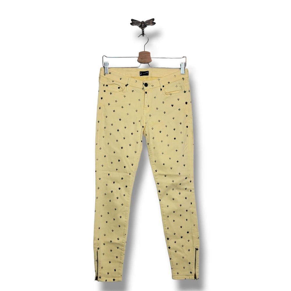 MOTHER Skinny Jeans in Pale Yellow with Black Print